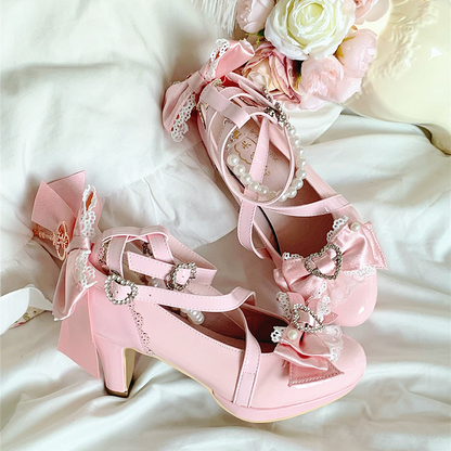 Lolita Detachable Chain Beaded Mary Janes Pink Hime Straps - Crisscross