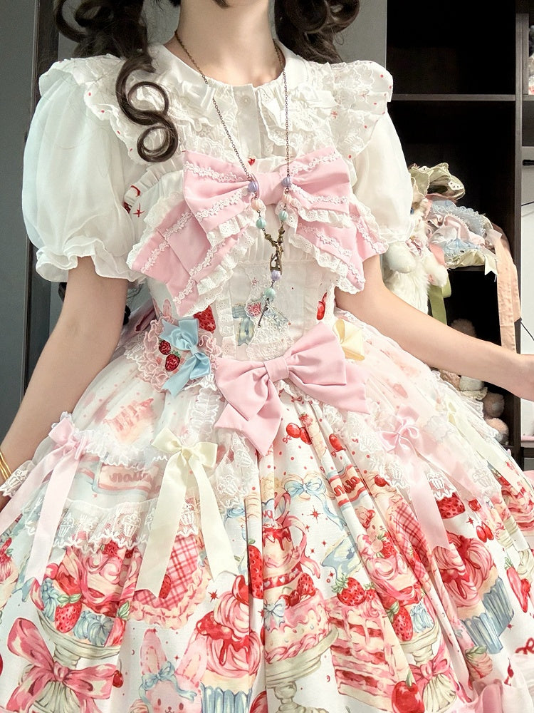 Erdbeerkuchenkleid Süße Printmode mit Schleife Hase Weiße Akzente Lolita und