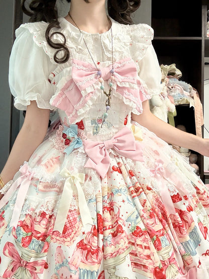 Erdbeerkuchenkleid Süße Printmode mit Schleife Hase Weiße Akzente Lolita und