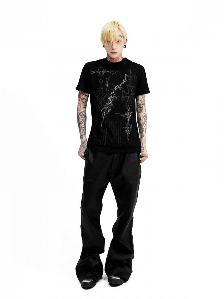 Edgy Genderless Black Double Collar Tee with Cross Graphic - DETW OnLine