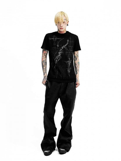 Edgy Genderless Black Double Collar Tee with Cross Graphic - DETW OnLine