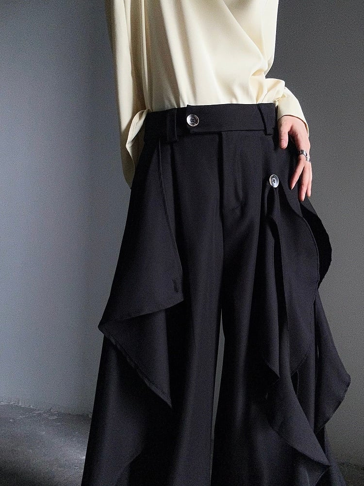 Accents with Zip Black Pants Ruffle Wide-leg Closure Ouji and - Cascading Button