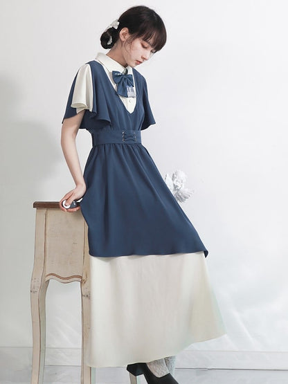 Colorblock White Preppy Dress Bow Tie with Blue Key Waist Piano High