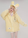Print Cartoon mit Fleece Kapuze Hasenohren Mantel Gelb