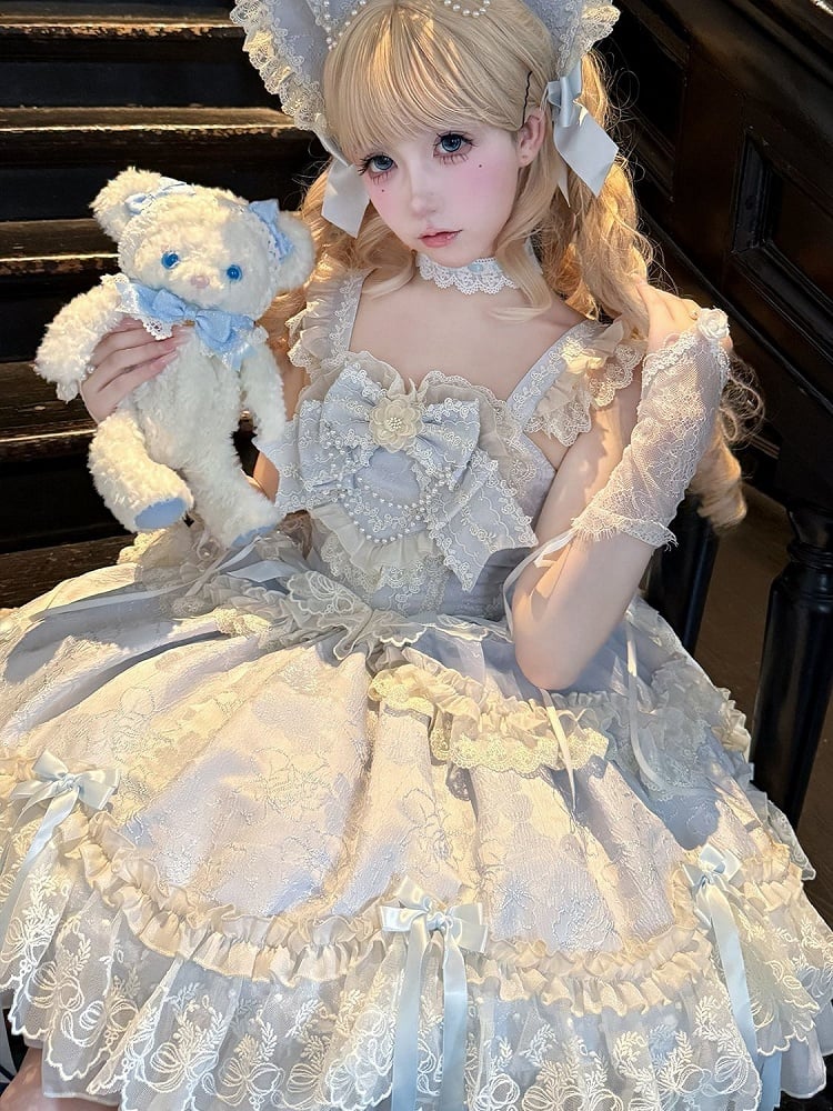 Lolita Kleid Pullover Stoff Jacquard Schleife Rock Süße blaue Akzente