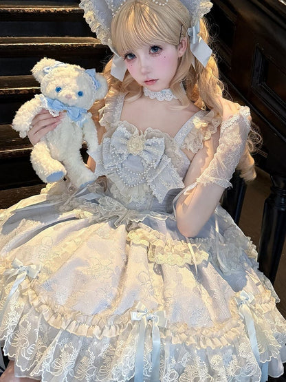 Lolita Kleid Pullover Stoff Jacquard Schleife Rock Süße blaue Akzente