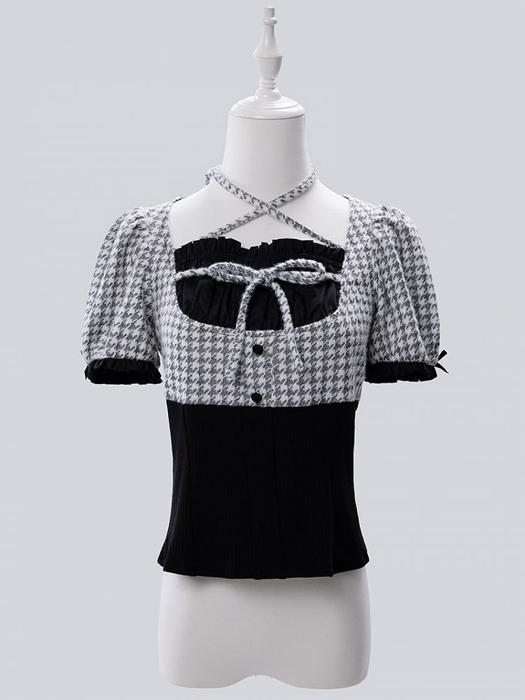 Black Faux Two-Piece Houndstooth Halter Knit Top with Arm Warmers - Fluffy Heart