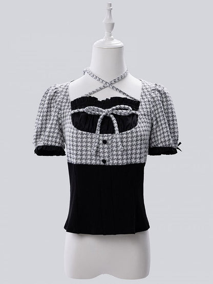 Black Faux Two-Piece Houndstooth Halter Knit Top with Arm Warmers - Fluffy Heart