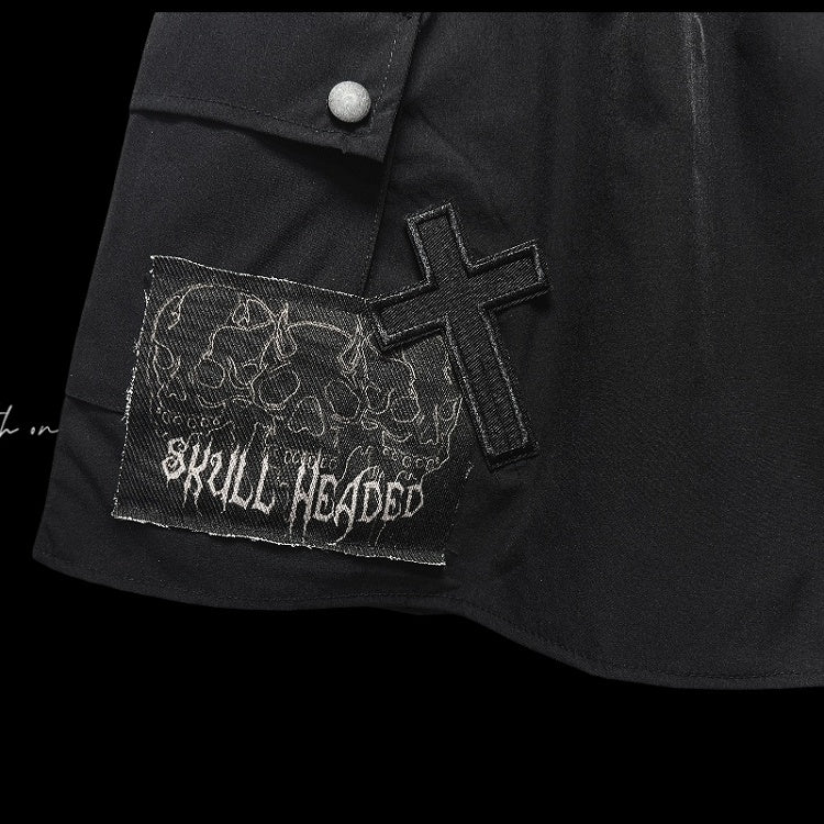 Cargo Pocket Skirt Cross and Skeleton Appliques Drawstring Black Waist