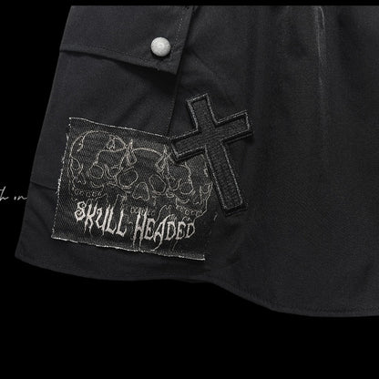 Cargo Pocket Skirt Cross and Skeleton Appliques Drawstring Black Waist