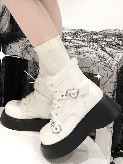 Lining Front Platform Punk Fastener Lace-Up Decorative Plush with White Heart Boots in Style Inner PU