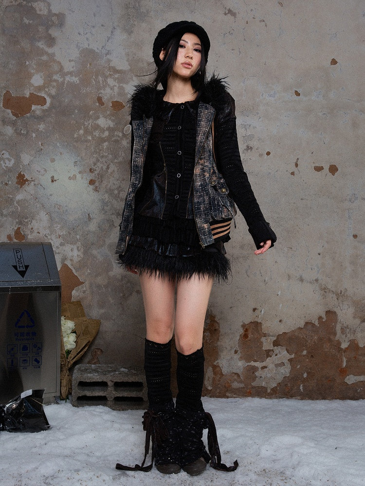 Tiered Faux Elastic Black Punk with Fur Waist Glossy Skirt Trim Fabric