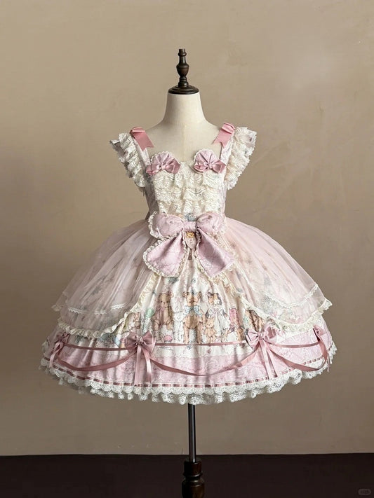Sweet Lolita JSK Dress Set with Kawaii Bear Ears, Open Back Hem and Floral Print - Treasure House