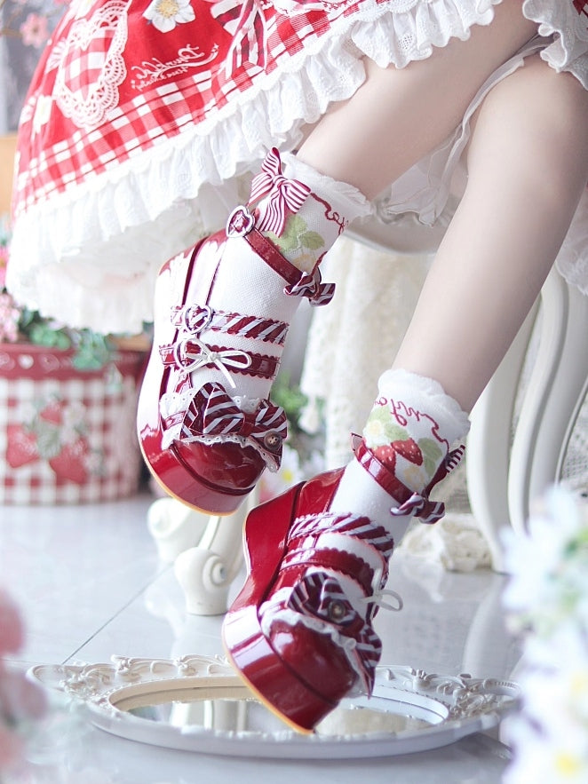 Red Sweet Details Lolita - for Heart-shaped Cat Fastener Print Mary Bowknot Wine with Janes