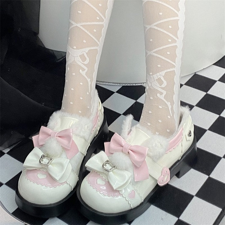 Platform Lolita Sweet with Pink and Bow Fleece-Lined Mid - Heels Details Accents White Heart