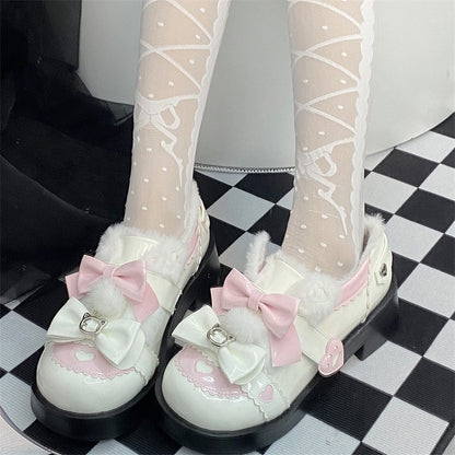 Platform Lolita Sweet with Pink and Bow Fleece-Lined Mid - Heels Details Accents White Heart