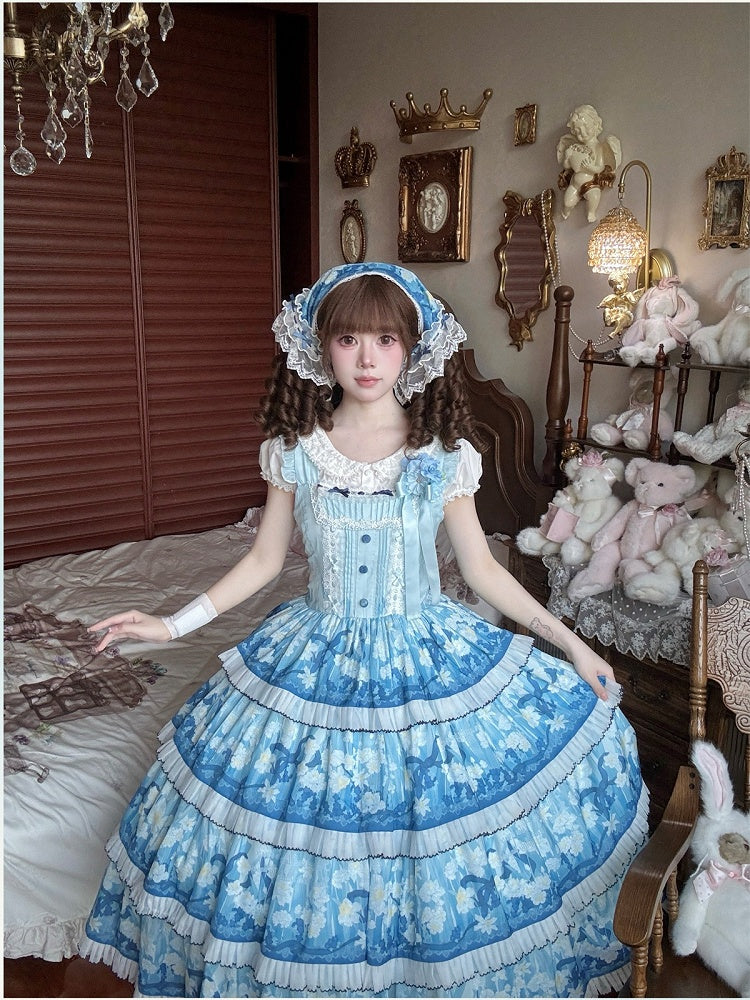 Blue Classic Lolita JSK Dress with Narcissus Print Hem - Flower Ferry Lolita