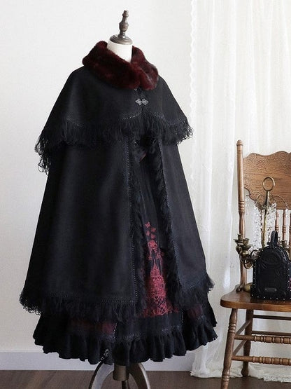 Trim Distress and Red Cape Fur Black Lolita Collar with Gothic Faux