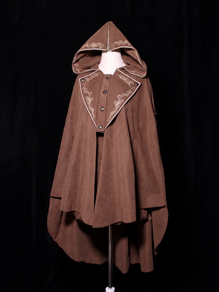 Embroidery Cloak Lolita Zip Coffee Detail Hood Ouji