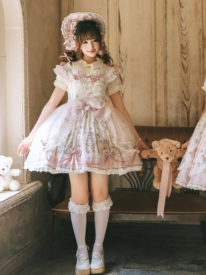 Sweet Lolita JSK Dress Set with Kawaii Bear Ears, Open Back Hem and Floral Print - Treasure House