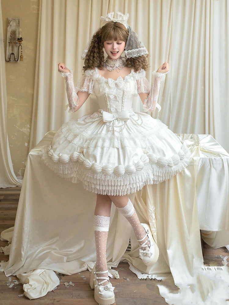 KC Lolita Full Dress Choker Mini Off Hat Cuffs Set + Shoulder Wrist Veil Hime White