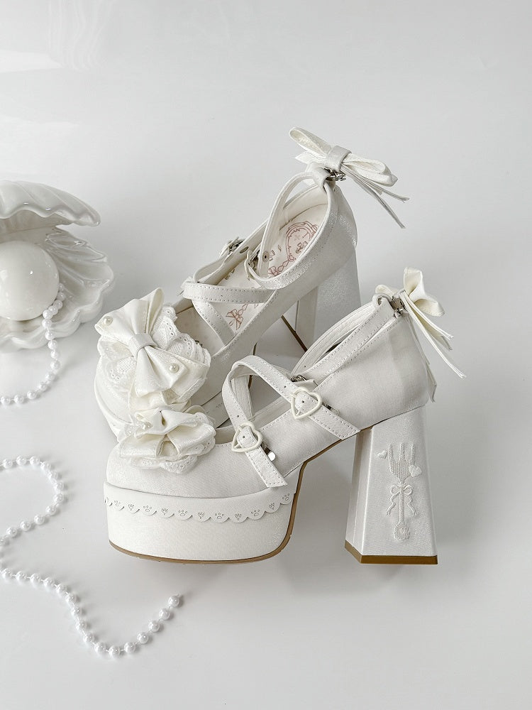 White Lolita Lace Bowknot Fork Embroidery Platform Block High Heels