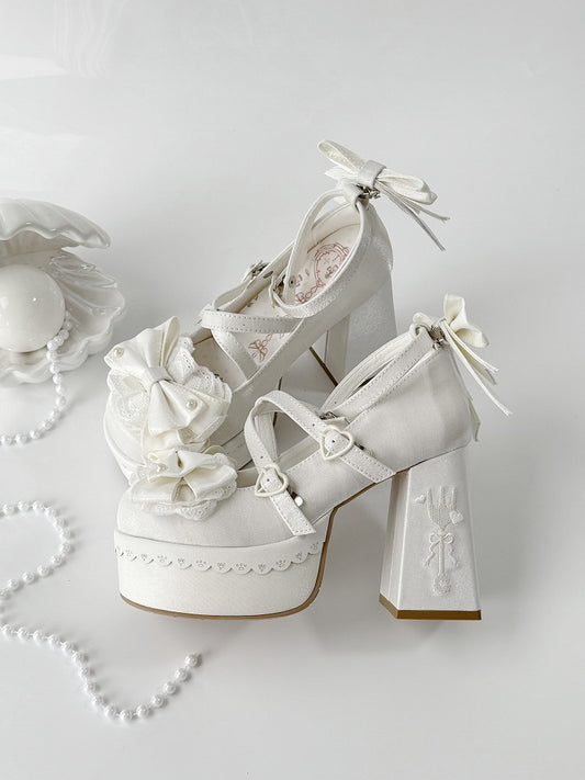 Block Fork Platform High Heels Lolita Lace Embroidery Bowknot White