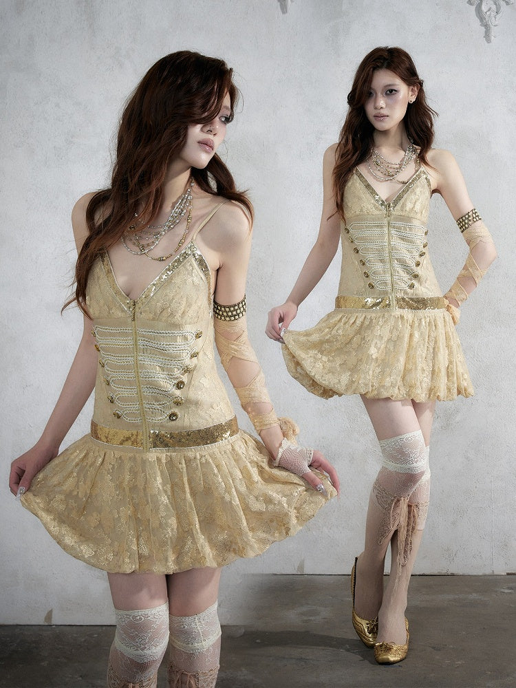 Golden Jacquard Cami Dress with Sequin Accents - NO ROMANCE