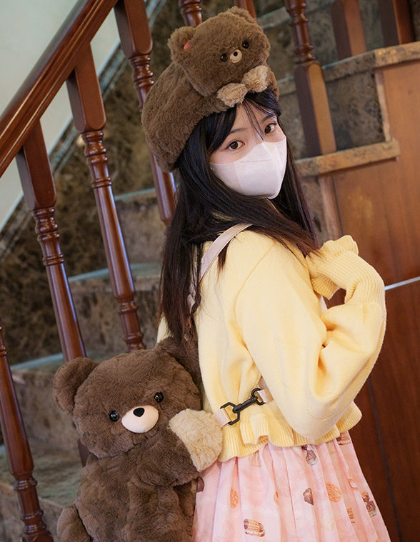 Brown Cute Bear Embroidered Plush Hat