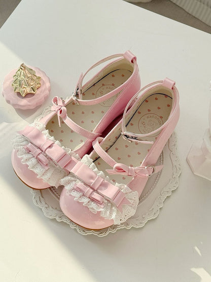 Lolita Bow Ruffled Pink Lace Janes Details with Low-heel Mary Decor Sweet