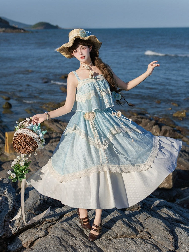 Irregular Trim High-Waist Lace Skirt in Blue & White - With PUJI