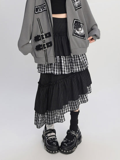 Asymmetrical Stripes Tiered Pattern Plaid Black Hem Skirt with and Y2K