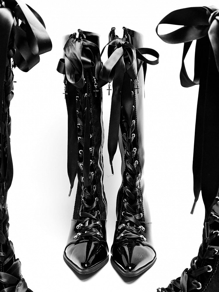 Cross Polished Design Gothic - Fold-Over Boots with Black Detachable Pointed Toe Cuff Charm Knee-High