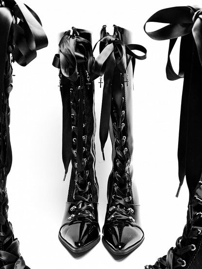 Cross Polished Design Gothic - Fold-Over Boots with Black Detachable Pointed Toe Cuff Charm Knee-High