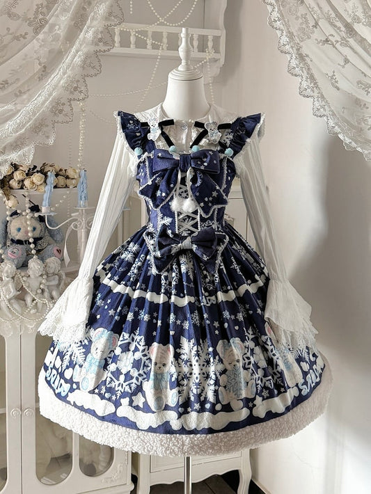Teddy and Snowflake Print Dark Blue Winter Sweet Lolita Dress with Fleece Hemline