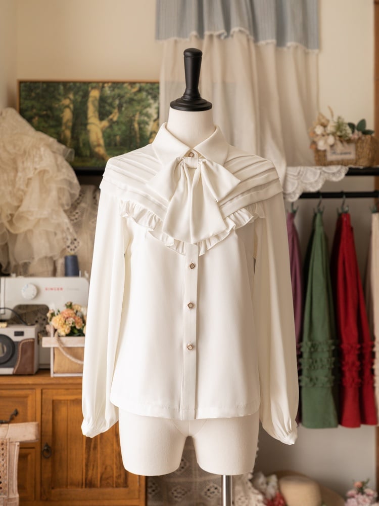 White Ruffle-Trim Long-Sleeve Shirt with Bow Tie