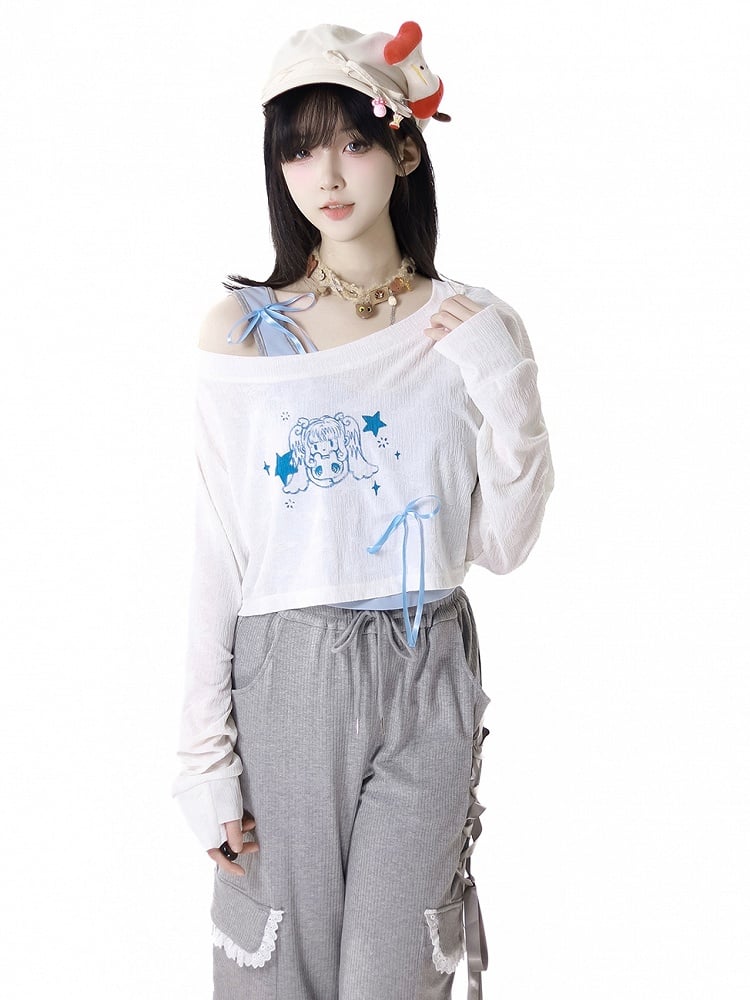 Hellblaues, gepolstertes Tanktop mit süßem Cup und abnehmbarem Mädchen-Print