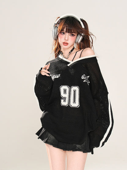 Schwarz/weißes, asymmetrisches Oberteil mit Sonnenschutz und Hohlsaum