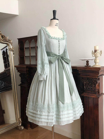 Green Square Neck Classic Lolita Long Sleeve OP