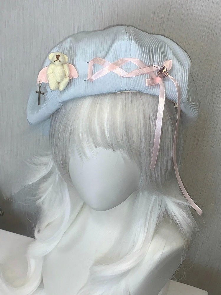 Rhinestone Plush Angel Bear Beret with Lace-up Detail