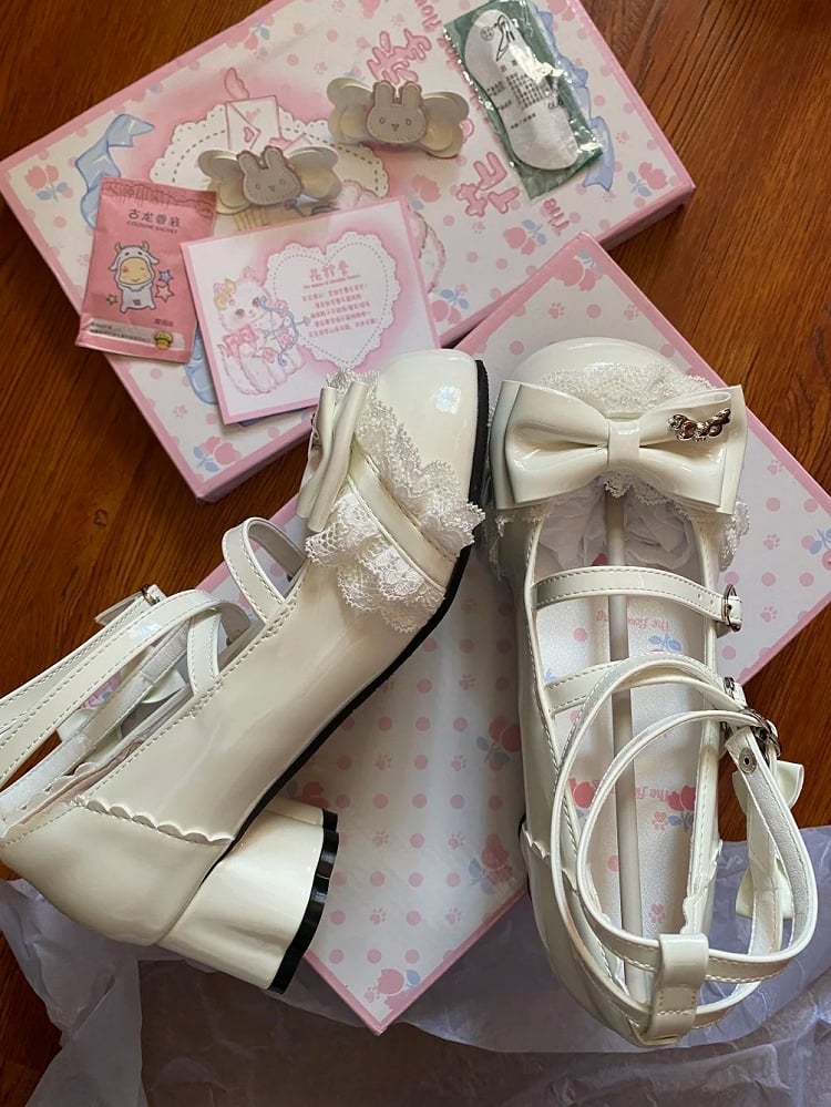 Mid Mary White Accents Bow Rabbit - Sweet Janes PU with Lolita Theme Heel