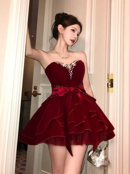 Sweetheart Mini Velvet Dress Vintage Red