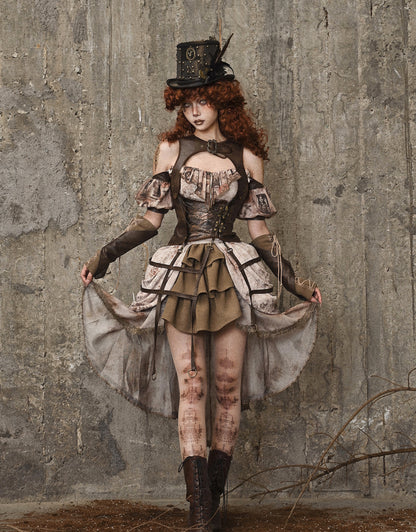 High-Low-Rock aus Jacquard mit Batikmuster und Rüschenbesatz