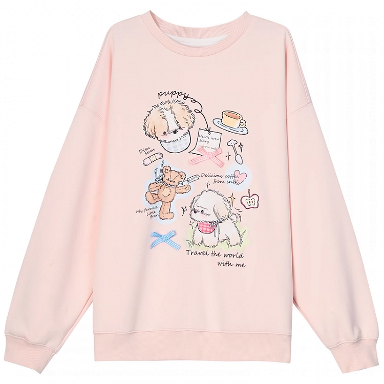 Adorable Cartoon Puppy Print Pink Round Loose Neck Sweatshirt