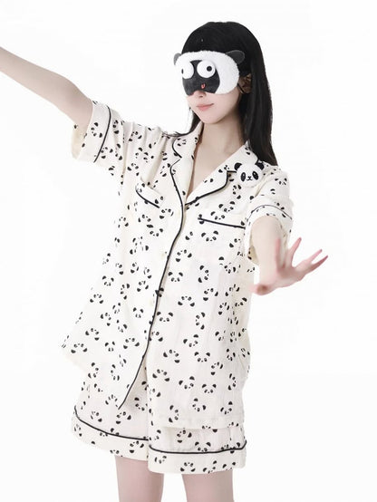 Collar + Allover Panda Print Shirt Shorts Beige Elastic Waist Edge Pajamas Set Scalloped