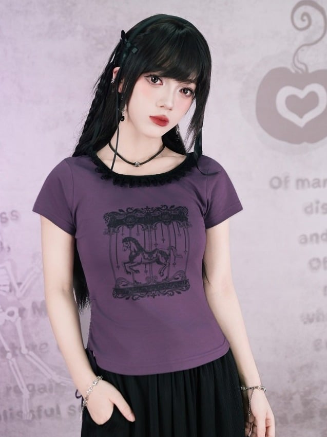 Purple Lace Square-Neck Cotton Short Sleeve T-Shirt with Carousel Print - Quirky Hut