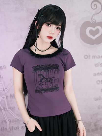 Purple Cotton Short Sleeve Square-Neck Tee with Carousel Print and Drawstring - Quirky Hut