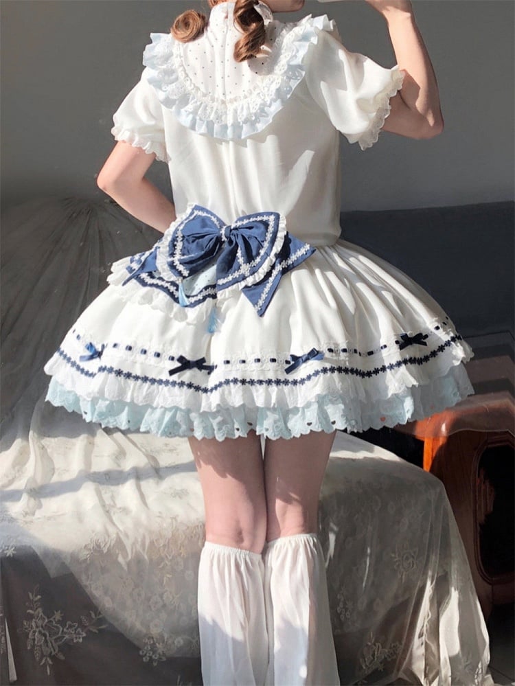 and White Banded Lolita Han Accents Blue Flower Collar Bow Dress with Puff Sleeves