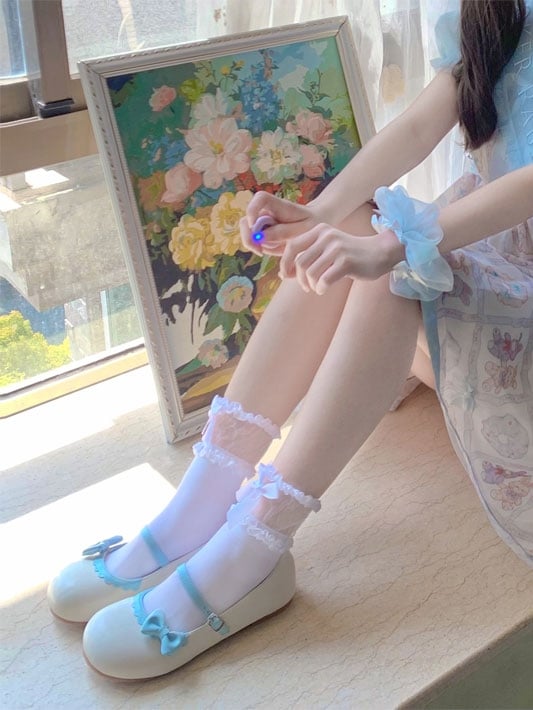 Flat Hem Bow Round - Shoes Lolita Toe with Scalloped Beige Blue