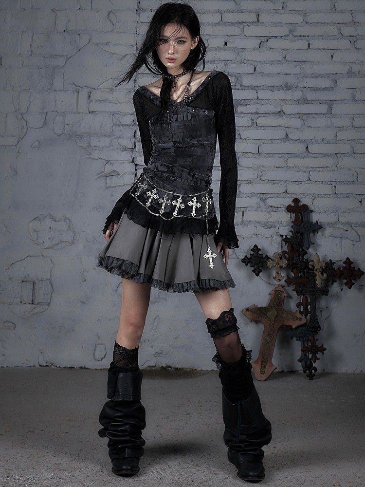 トリムスターレースウェイストランドパンクスタッド装飾ブラックグレー/ベージュTシャツと